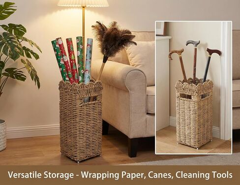 Woven Umbrella Stand for Entryway, PE Rattan Umbrella Holder Basket with Removable Drip Tray, Scalloped Square Cane Stand for Umbrellas, Walking Sticks, Wrapping Paper, Farmhouse Porch Decor, 16.5" in Kuwait