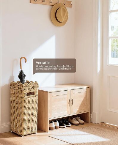 Woven Umbrella Stand for Entryway, PE Rattan Umbrella Holder Basket with Removable Drip Tray, Scalloped Square Cane Stand for Umbrellas, Walking Sticks, Wrapping Paper, Farmhouse Porch Decor, 16.5" in Kuwait