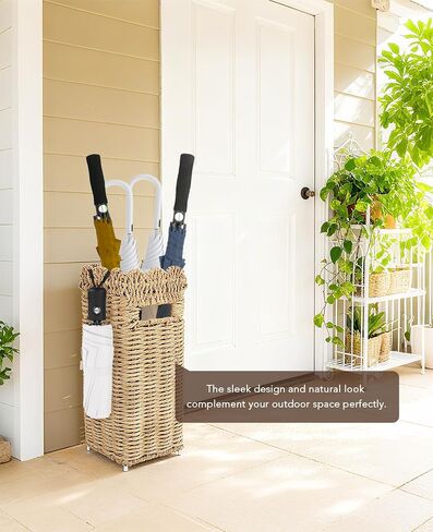 Woven Umbrella Stand for Entryway, PE Rattan Umbrella Holder Basket with Removable Drip Tray, Scalloped Square Cane Stand for Umbrellas, Walking Sticks, Wrapping Paper, Farmhouse Porch Decor, 16.5" in Kuwait