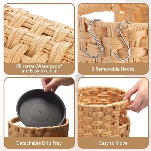 Lounsweer 20.8" H Extra Tall Rattan Umbrella Stand, Hand Woven Umbrella Rack Organizer Freestanding with Detachable Drip Tray and 2 Hooks, Bucket for Home, Entryway, Mud Room, Office, 7.5" L x 7.5" W in Kuwait