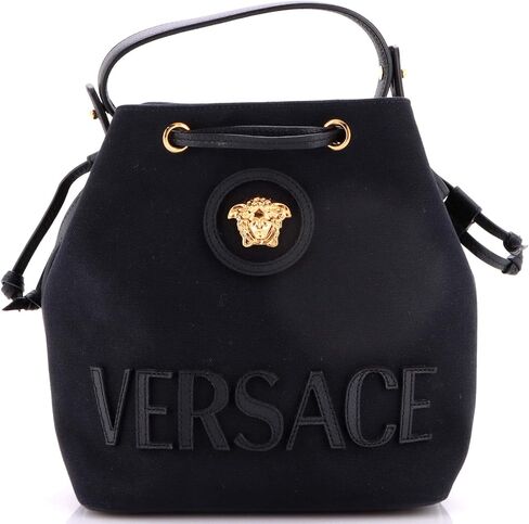 Versace Pre-Loved La Medusa Drawstring Bucket Bag Canvas with Leather Small, Black in Kuwait