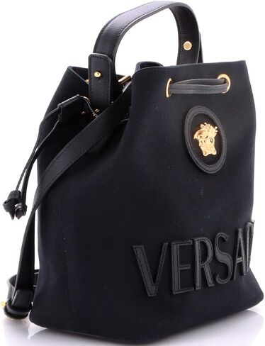 Versace Pre-Loved La Medusa Drawstring Bucket Bag Canvas with Leather Small, Black in Kuwait