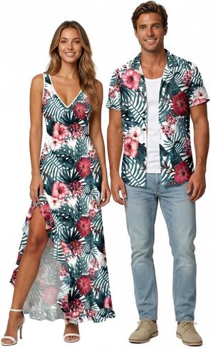 DRESSFO Couple Matching Hawaiian Outfits Flower Leaf Printed Ruffles Split Dress or Men's Short Sleeve Button Up Shirt in Kuwait