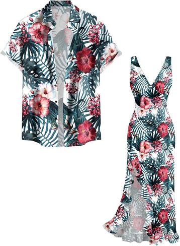 DRESSFO Couple Matching Hawaiian Outfits Flower Leaf Printed Ruffles Split Dress or Men's Short Sleeve Button Up Shirt in Kuwait