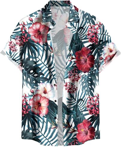 DRESSFO Couple Matching Hawaiian Outfits Flower Leaf Printed Ruffles Split Dress or Men's Short Sleeve Button Up Shirt in Kuwait