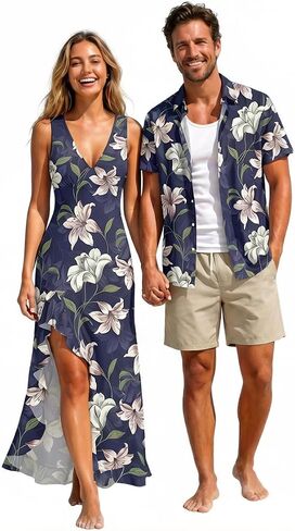 DRESSFO Couple Matching Hawaiian Outfits Flower Leaf Printed Ruffles Split Dress or Men's Short Sleeve Button Up Shirt in Kuwait