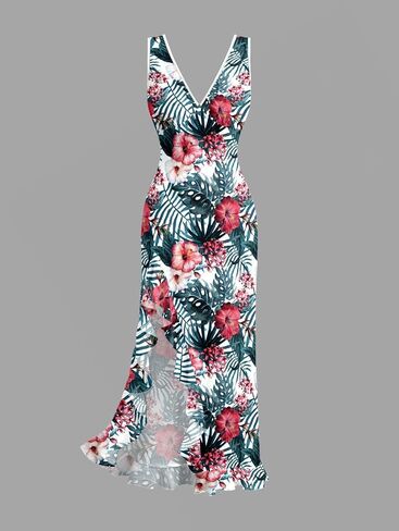 DRESSFO Couple Matching Hawaiian Outfits Flower Leaf Printed Ruffles Split Dress or Men's Short Sleeve Button Up Shirt in Kuwait