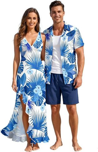 DRESSFO Couple Matching Hawaiian Outfits Flower Leaf Printed Ruffles Split Dress or Men's Short Sleeve Button Up Shirt in Kuwait