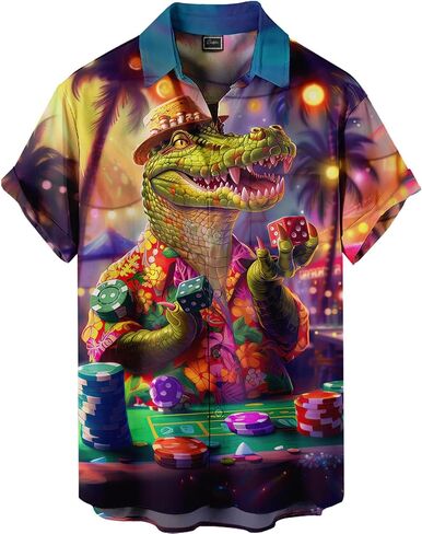 Men's Casino Theme Hawaiian Shirt, Lucky Print, Short Sleeve Button-Down，Party Vacation Shirt in Kuwait