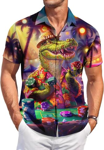 Men's Casino Theme Hawaiian Shirt, Lucky Print, Short Sleeve Button-Down，Party Vacation Shirt in Kuwait