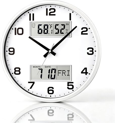 13" White Battery Powered Silent Wall Clock with Calendar Temperature and Humidity H-7326 in Kuwait