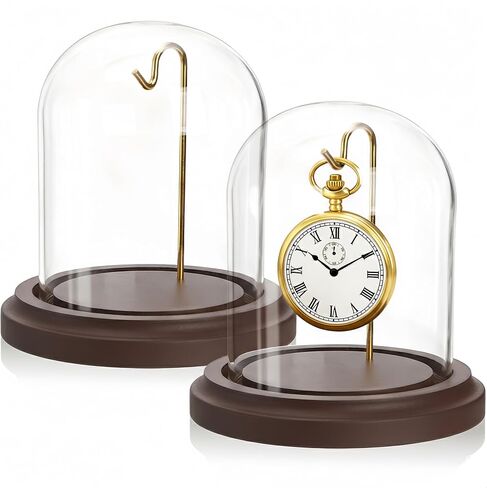 ZOOFOX 2 Pack Pocket Watch Glass Display Dome, Clear Glass Display Cloche with Hook and Wooden Base, 3" x 4" Decorative Bell Jar for Watch Plants Medals Photos Collectibles in Kuwait
