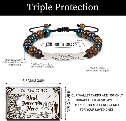 Thrist To My Dad Bracelets for Men - I love You Bracelet with Engraved Wallet Card from Son Daughter Triple Protection ID Bracelets Jewelry Gifts for Father Grandpa Birthday Fathers Day Anniversary in Kuwait