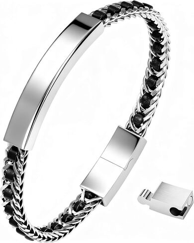 Mens Bracelet Fathers Gifts Day Stainless Steel Jewelry ID with Black Braided Leather Charming Perfect for Wedding,Parties,and Everyday,Loved Ones,Friends(Steel Colored,Gold,Blue,Black) in Kuwait