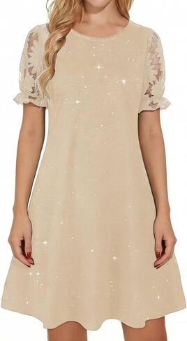 Women's Sequin Mini Dresses Round Neck Short Puff Sleeve Cocktail A-Line Sparkly Lace Patchwork Summer Party Dress in Saudi Arabia