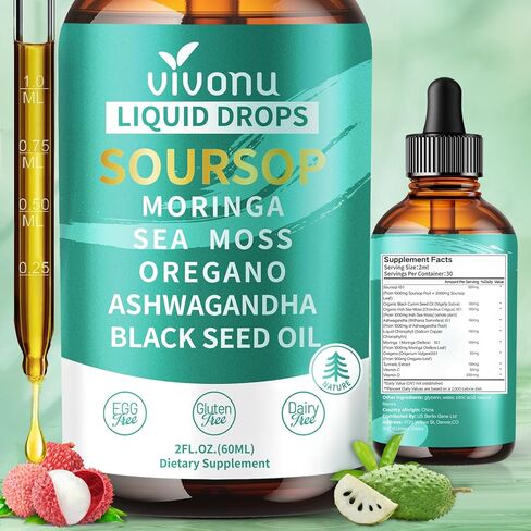 قطرات سائلة 10 في 1 من Soursop Bitters 3000 مجم، قطرات Soursop مع أشواغاندا، زيت الحبة السوداء، المورينجا، انظر الطحالب لمضادات الأكسدة الطبيعية، دعم الخلايا وتجديدها، تعزيز المناعة، غني بفيتامين D&C in Saudi Arabia