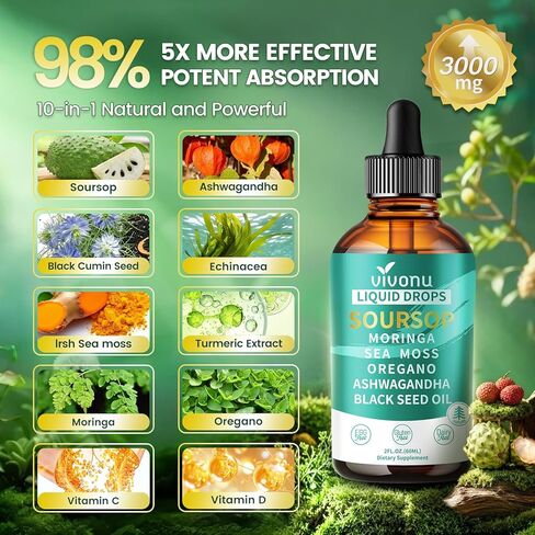 قطرات سائلة 10 في 1 من Soursop Bitters 3000 مجم، قطرات Soursop مع أشواغاندا، زيت الحبة السوداء، المورينجا، انظر الطحالب لمضادات الأكسدة الطبيعية، دعم الخلايا وتجديدها، تعزيز المناعة، غني بفيتامين D&C in Saudi Arabia