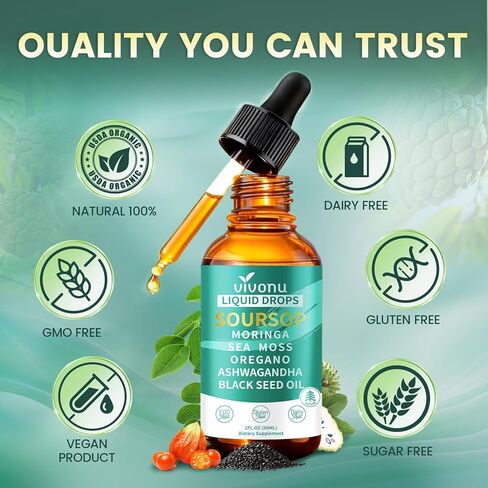 قطرات سائلة 10 في 1 من Soursop Bitters 3000 مجم، قطرات Soursop مع أشواغاندا، زيت الحبة السوداء، المورينجا، انظر الطحالب لمضادات الأكسدة الطبيعية، دعم الخلايا وتجديدها، تعزيز المناعة، غني بفيتامين D&C in Saudi Arabia