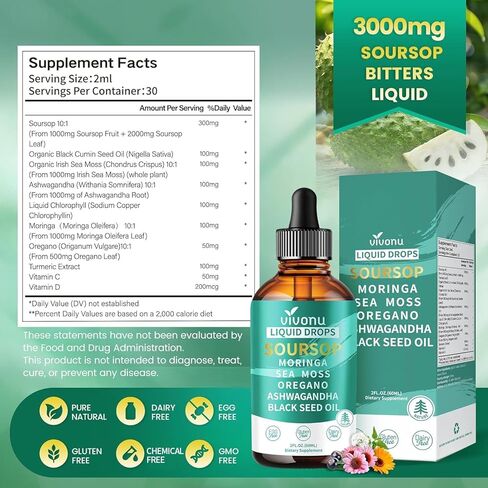قطرات سائلة 10 في 1 من Soursop Bitters 3000 مجم، قطرات Soursop مع أشواغاندا، زيت الحبة السوداء، المورينجا، انظر الطحالب لمضادات الأكسدة الطبيعية، دعم الخلايا وتجديدها، تعزيز المناعة، غني بفيتامين D&C in Saudi Arabia