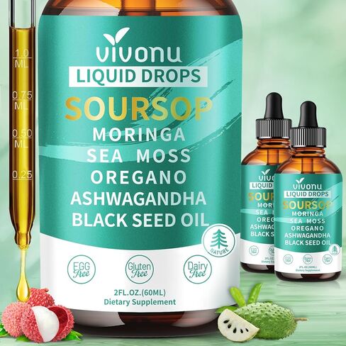 قطرات سائلة 10 في 1 من Soursop Bitters 3000 مجم، قطرات Soursop مع أشواغاندا، زيت الحبة السوداء، المورينجا، انظر الطحالب لمضادات الأكسدة الطبيعية، دعم الخلايا وتجديدها، تعزيز المناعة، غني بفيتامين D&C in Saudi Arabia