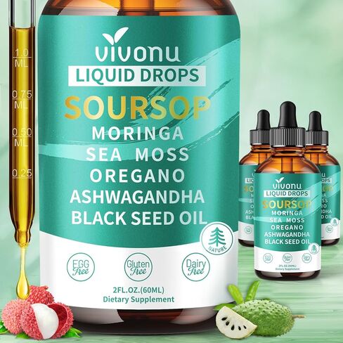 قطرات سائلة 10 في 1 من Soursop Bitters 3000 مجم، قطرات Soursop مع أشواغاندا، زيت الحبة السوداء، المورينجا، انظر الطحالب لمضادات الأكسدة الطبيعية، دعم الخلايا وتجديدها، تعزيز المناعة، غني بفيتامين D&C in Saudi Arabia