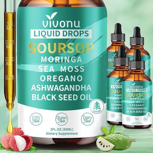 قطرات سائلة 10 في 1 من Soursop Bitters 3000 مجم، قطرات Soursop مع أشواغاندا، زيت الحبة السوداء، المورينجا، انظر الطحالب لمضادات الأكسدة الطبيعية، دعم الخلايا وتجديدها، تعزيز المناعة، غني بفيتامين D&C in Saudi Arabia