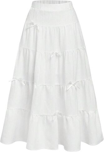 OYOANGLE Girl's Bow Long Skirt Elastic Waist Ruffle Swing A Line Y2K Tiered Skirts Preppy Clothes in Kuwait