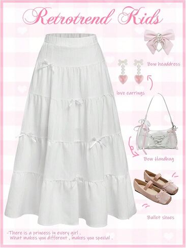 OYOANGLE Girl's Bow Long Skirt Elastic Waist Ruffle Swing A Line Y2K Tiered Skirts Preppy Clothes in Kuwait