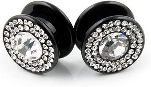 JewelryVolt Pair Black Acrylic Solid Ear Plugs Clear Gem Bling Gauges Screw-On Flesh Tunnel (12MM-1/2) in Saudi Arabia
