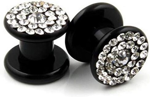 JewelryVolt Pair Black Acrylic Solid Ear Plugs Clear Gem Bling Gauges Screw-On Flesh Tunnel (12MM-1/2) in Saudi Arabia