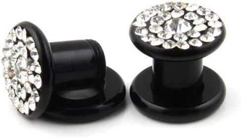 JewelryVolt Pair Black Acrylic Solid Ear Plugs Clear Gem Bling Gauges Screw-On Flesh Tunnel (12MM-1/2) in Saudi Arabia