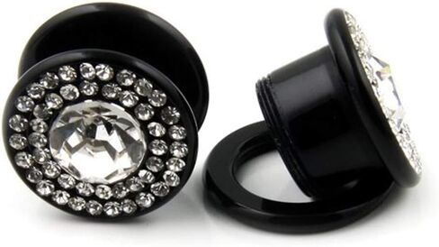 JewelryVolt Pair Black Acrylic Solid Ear Plugs Clear Gem Bling Gauges Screw-On Flesh Tunnel (12MM-1/2) in Saudi Arabia