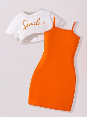 الفتيات 2 قطعة الزي مجموعة المحاصيل أعلى إلكتروني طباعة تي شيرت السباغيتي حزام Bodycon اللباس الصيف ملابس كاجوال in Kuwait