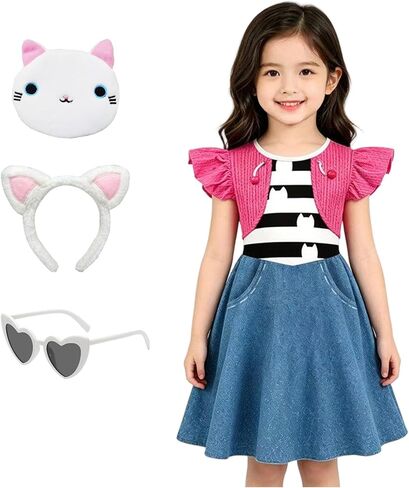 Cat Costume Dress Set with Headband, Purse & Sunglasses, Cute Animal Print Ruffle Sleeve Dress for Party Outfits in Saudi Arabia