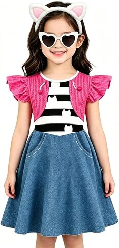 Cat Costume Dress Set with Headband, Purse & Sunglasses, Cute Animal Print Ruffle Sleeve Dress for Party Outfits in Saudi Arabia