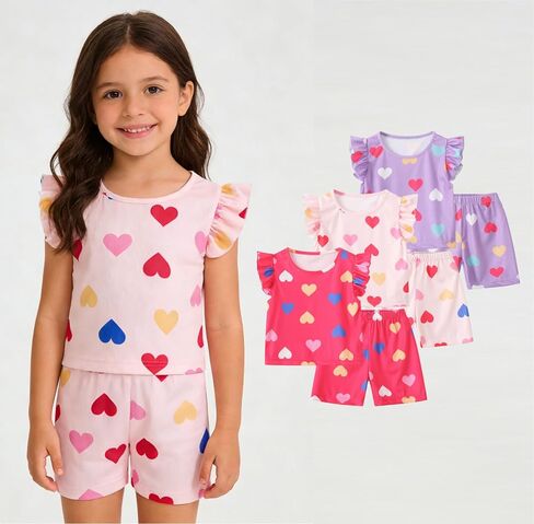Girls' Summer Outfits 6 Piece Heart Print Ruffle Sleeveless Tops and Elastic Waist Shorts White Purple Pink in Kuwait