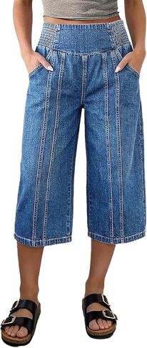 Flamingals Capri Jeans for Women High Waist Straight Leg Trendy Stretchy Stitch Detail Shirred Cropped Denim Pants in Saudi Arabia