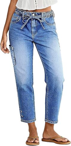 Flamingals Straight Leg Cropped Jeans for Women Mid Rise Button Hem Belted Stretchy Baggy Ankle Jeans with Patch Pockets in Saudi Arabia