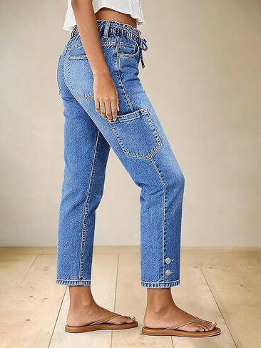 Flamingals Straight Leg Cropped Jeans for Women Mid Rise Button Hem Belted Stretchy Baggy Ankle Jeans with Patch Pockets in Kuwait