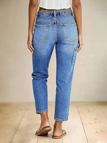 Flamingals Straight Leg Cropped Jeans for Women Mid Rise Button Hem Belted Stretchy Baggy Ankle Jeans with Patch Pockets in Kuwait