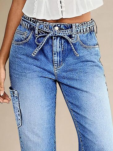 Flamingals Straight Leg Cropped Jeans for Women Mid Rise Button Hem Belted Stretchy Baggy Ankle Jeans with Patch Pockets in Kuwait