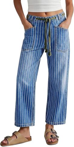 Flamingals High Waist Barrel Leg Jeans for Women Pinstripe Drawstring Casual Stretchy Denim Pants with Patched Pocket in Saudi Arabia