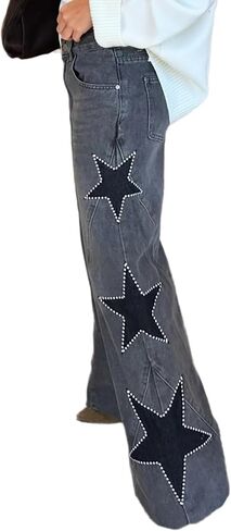 Women's Star Patchwork Straight Leg Jeans Trendy Mid Rise Pearl Beaded Distressed Boyfriend Denim Pants in Saudi Arabia