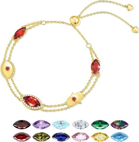 Marquise Birthstone Bracelet for women Evil Eye, 14K Gold Plated Adjustable Chain,Valentine Day Gifts, Birthday gifts for wife mom in Saudi Arabia