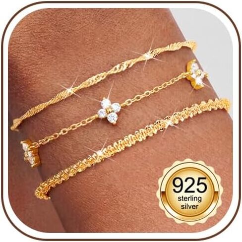 Fansilver 3 Pcs Silver/Gold Bracelets for Women Trendy 925 Sterling Silver Stackable Bracelet Set Adjustable Bracelet Link Chain Cubic Zirconia Bracelets Waterproof Jewelry Set in Kuwait