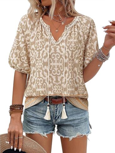 Vivilli Womens Summer Boho Tops Casual V Neck Short Sleeve Blouses Floral Print Shirt Tie Front Flowy Vacation Clothes in Saudi Arabia