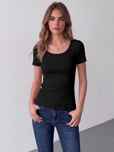 Zeagoo Womens Tops Short Sleeve Scoop Neck Shirts Ribbed Knit Fitted Basic Tees Casual Summer Work Clothes in Kuwait