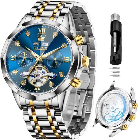 OLEVS Skeleton Men Watches Automatic Business Luxury Diamond Self Winding Watch for Men Stainless Steel Calendar Wrist Watch in Saudi Arabia