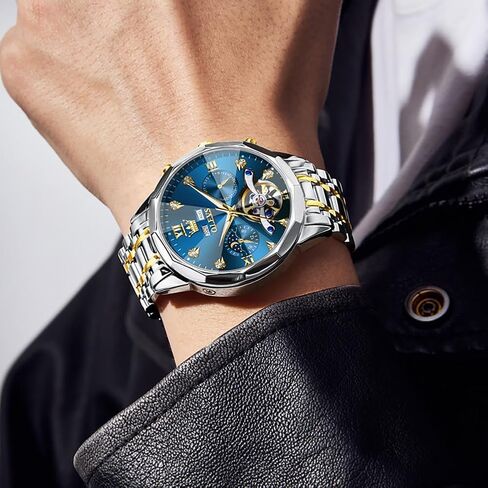 OLEVS Skeleton Men Watches Automatic Business Luxury Diamond Self Winding Watch for Men Stainless Steel Calendar Wrist Watch in Saudi Arabia