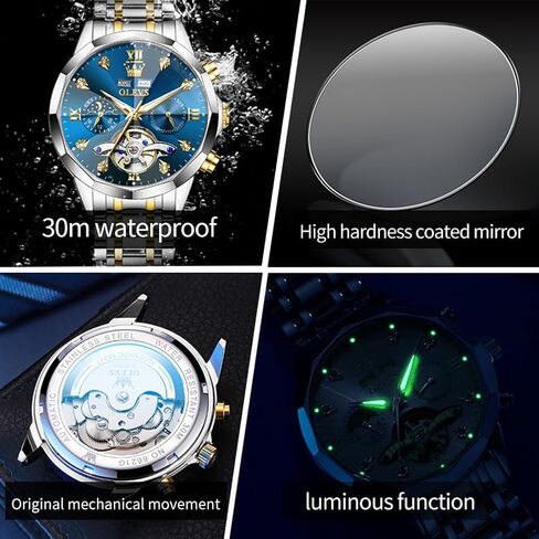 OLEVS Skeleton Men Watches Automatic Business Luxury Diamond Self Winding Watch for Men Stainless Steel Calendar Wrist Watch in Saudi Arabia